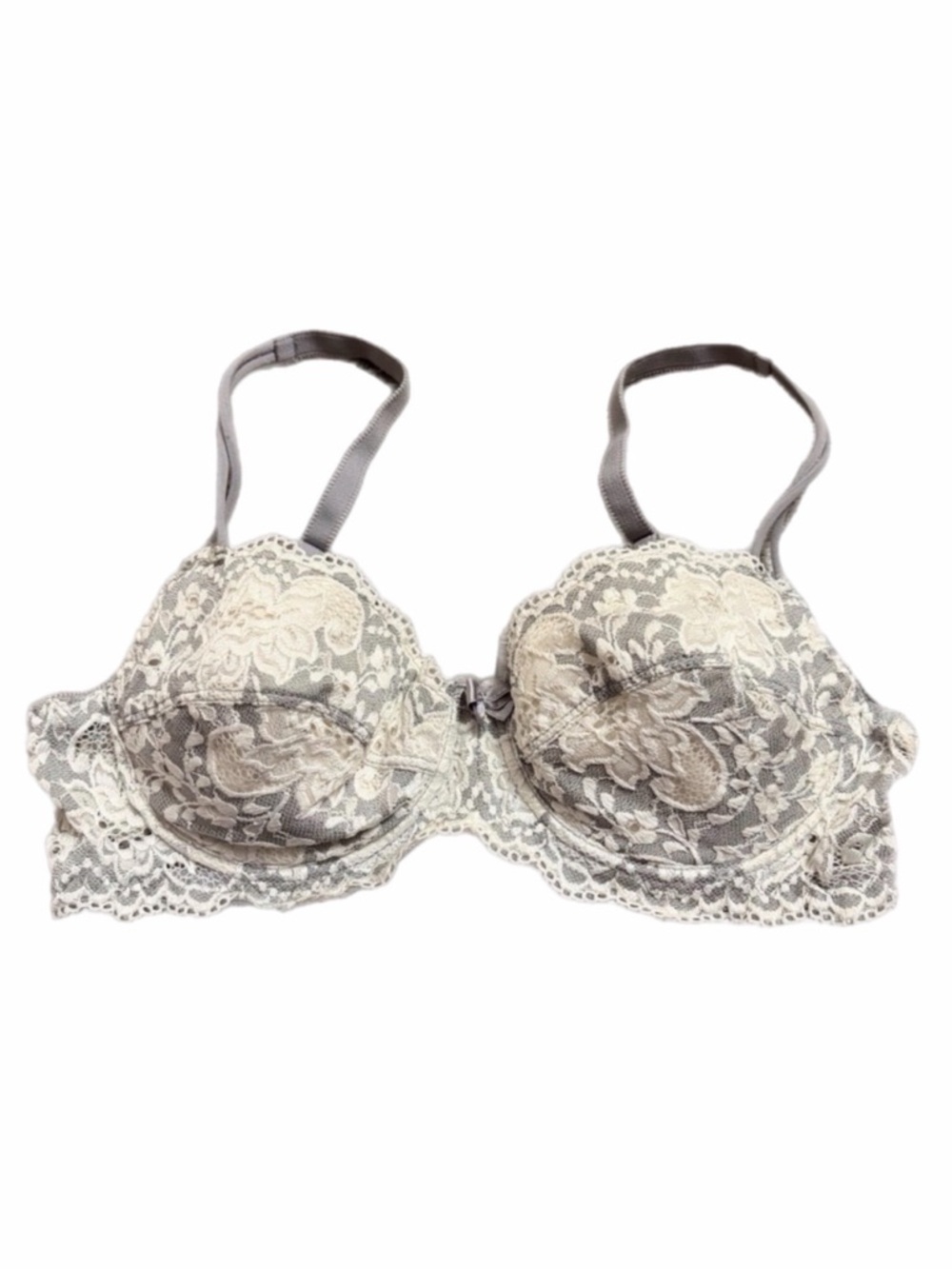 80s European Vintage Embroidered Floral Lace Demi Bra (Grey/White) Size 32 C/D